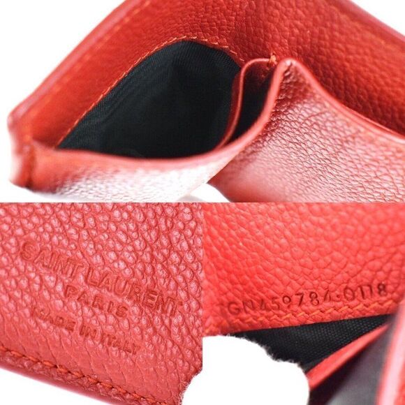 SAINT LAURENT Logo Mini Trifold Wallet Purse Leather Red Italy - Picture 10 of 10